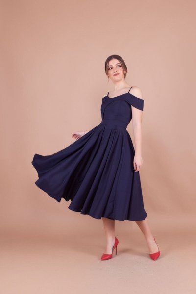 Navy Blue Midi Strappy Off-Shoulder Pleated Evening Dress