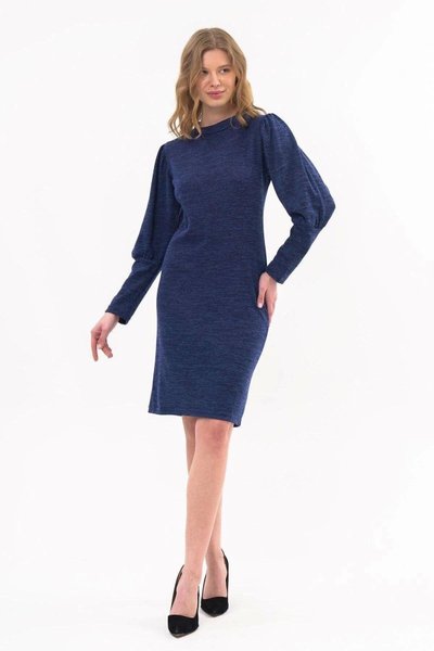 Lacivert Midi Bisiklet Yaka Kol Detaylı Diz Boyu Triko Elbise