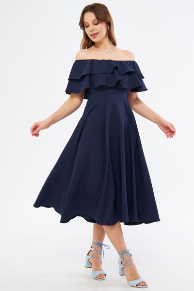 Lacivert Midi Carmen Fırfır Yaka Düşük Omuz Dökümlü Dokuma Kumaş Elbise
