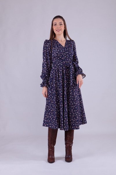 Navy Blue Midi Women's Floral Pattern Velvet Wrap Neck Long Sleeve Dress