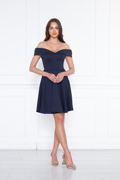 Lacivert Midi Kalp Yaka Düşük Omuz Esnek Scuba Kumaş Kloş Abiye Elbise