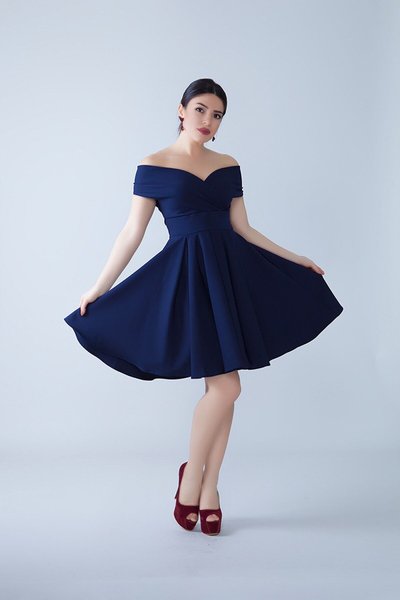 Navy Blue Mini Boat Neck Draped Woven Fabric Pleated Flared Evening Dress
