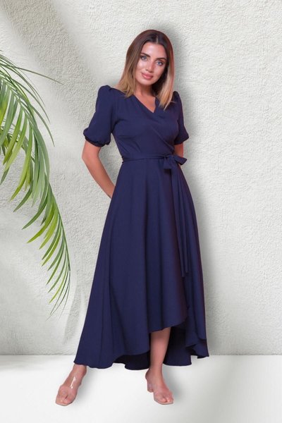 Navy Long Asymmetric Cut Wrap Neck Short Sleeve Evening Dress