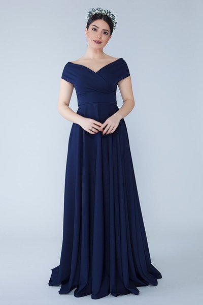 Navy Blue Long Boat Neck Double-Breasted Low Shoulder Woven Draped Fabric Evening Dress