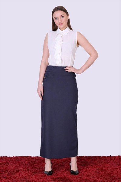 تنورة قلم بأزرار طويلة زرقاء للموسم