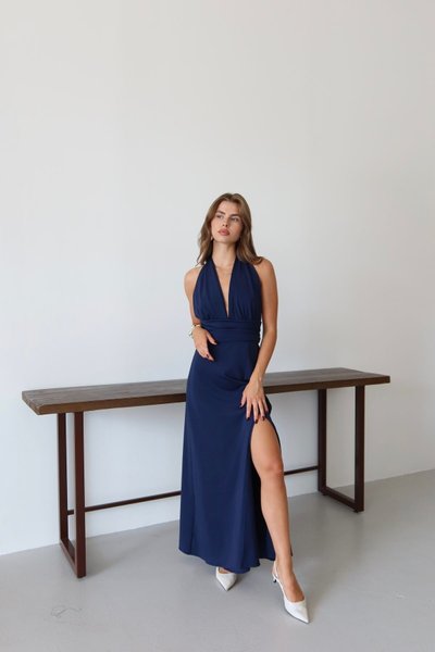 Navy Long Backless Halter Tie Slit Dress