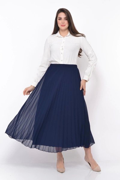 تنورة شيفون زرقاء طويلة بخصر مرتفع ومطوية