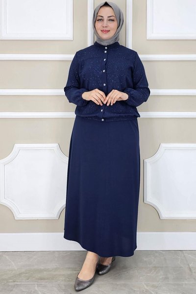 Navy Blue Bow Patterned Two-Piece Modest Outfit