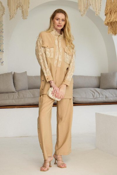 Latte Gold Embroidered Double Set Hijab Outfit
