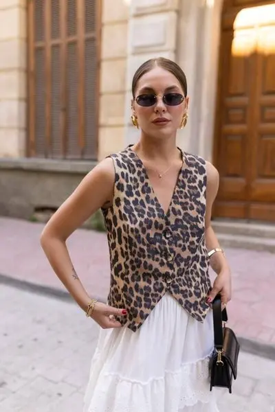 Leopar Desen Eskitme Keten Yelek