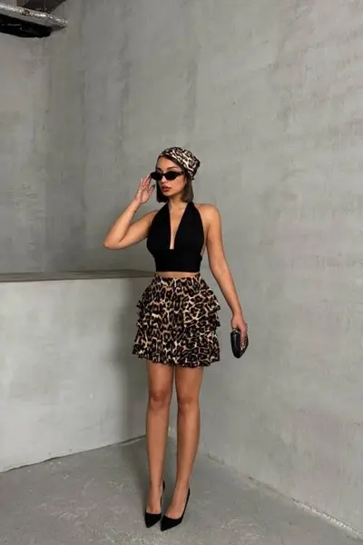 Leopar Mini Bürümcük Kumaş Katlı Şort Etek