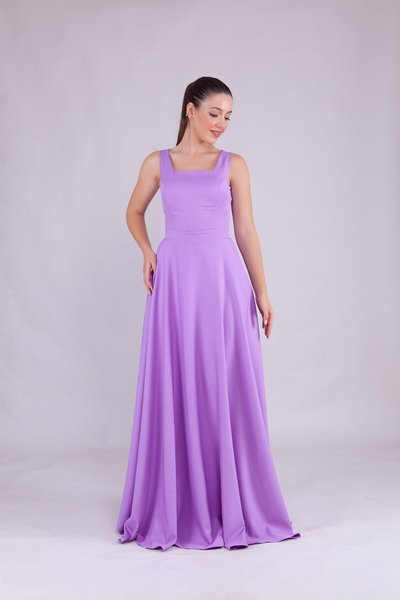 Lilac Long Strap Square Neck Evening Dress