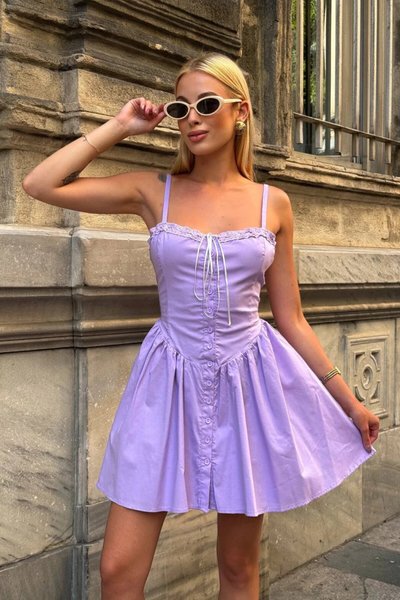 Lila Mini Askılı Vanessa Dantel İşleme Elbise