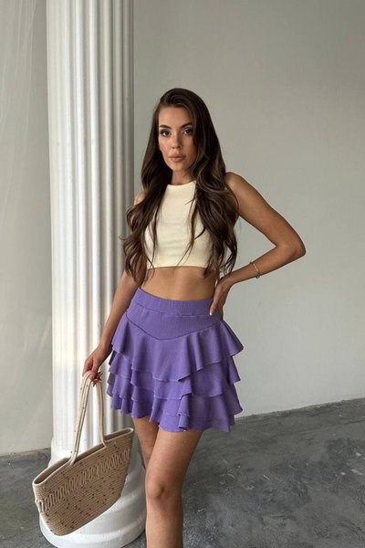 Lila Mini Bürümcük Kumaş Katlı Şort Etek