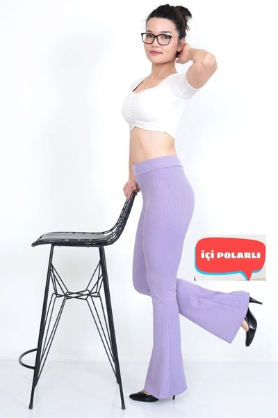 Purple High Waist Shaping Fleece-Lined Winter Ribbed Flare Leggings