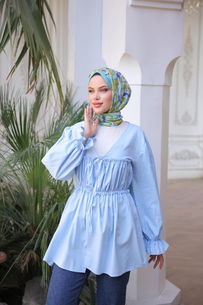 Mavi Beli Büzgülü Lastikli Kimono Tunik