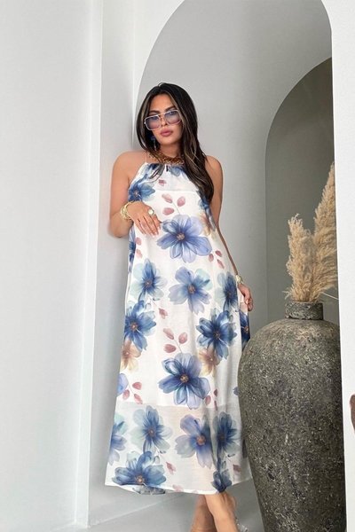 Mavi Beyaz Midi Vual Kumaş Sırt Detay Elbise