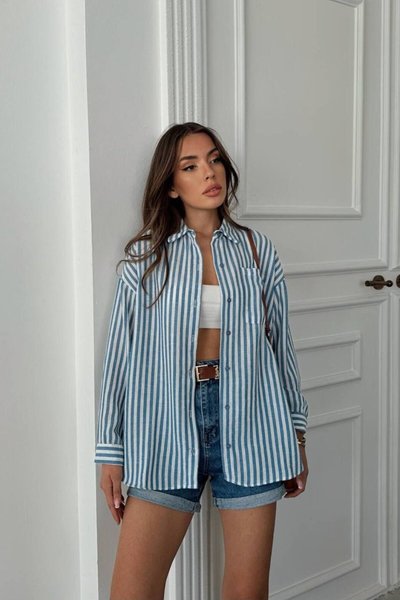 Mavi Çizgili Oversize Fit Tek Cepli Gömlek