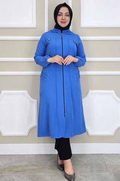 Blue Hooded Rib Stitch Detail Coat