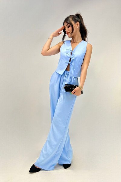 Blue Linen Tie-Detail Vest and Thin Belt High Waist Palazzo Pants Two-Piece Set