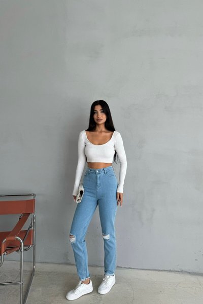 Mavi Likralı Diz Yırtmaçlı Dar Paça Jean Lazer Yırtıklı Kot Pantolon