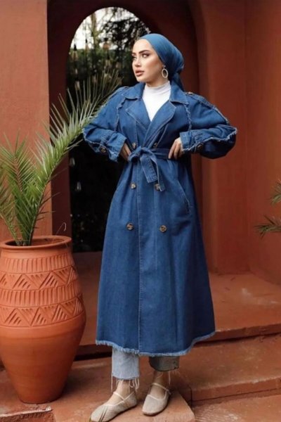 Mavi Püskül Detaylı Düğmeli Denim Kot Trençkot