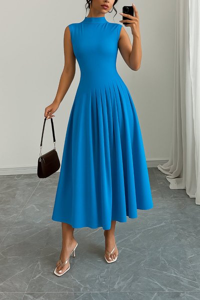 Blue Long Turtleneck Pleated Crepe Dress