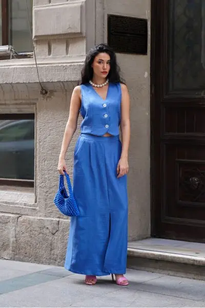 Mavi Yelekli Etekli İkili Takım