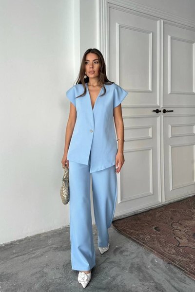 Blue Vest Buttoned Top and Bottom Two-Piece Set