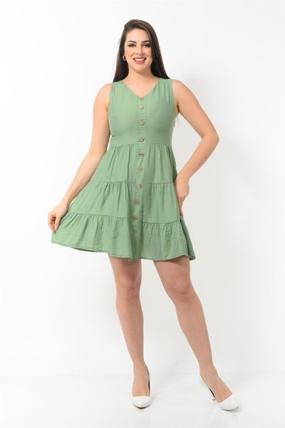 فستان مينت ميني بأزرار من الأمام وياقة على شكل V