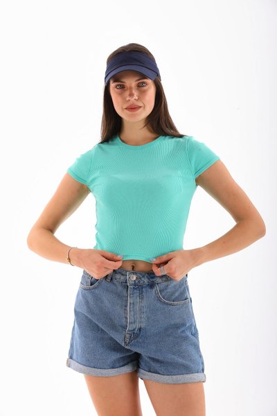 Mint Yeşili Likralı Kısa Kol Crop Bluz