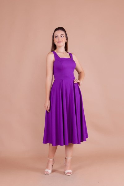 Mor Midi Askılı Kare Yaka Elbise