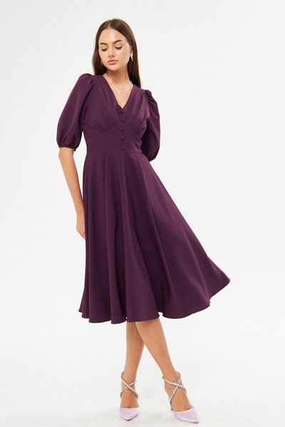 Plum Midi Balloon Sleeve V-Neck Corset Belt Detail Decorative Button Pleated Bust Draped Fabric Evening Dress