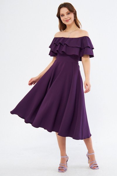 Plum Midi Carmen Ruffle Neck Off-Shoulder Draped Woven Fabric Graduation & Evening Dress