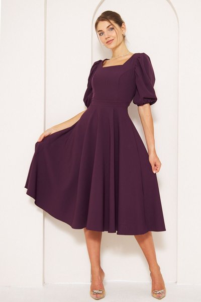 Plum Midi Square Neck Short Puff Sleeve Elastic Cuffs Draped Fabric Dress