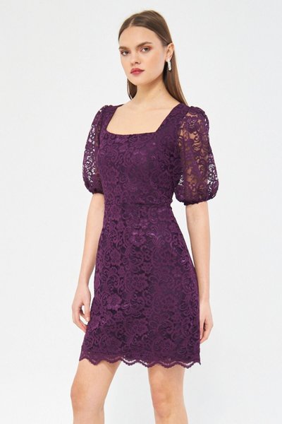 Plum Mini French Lace Puff Sleeve Square Neck Evening Dress