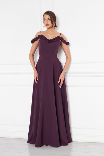 Plum Long Adjustable Strap Ruffle Detail Woven Fabric Flared Evening Dress