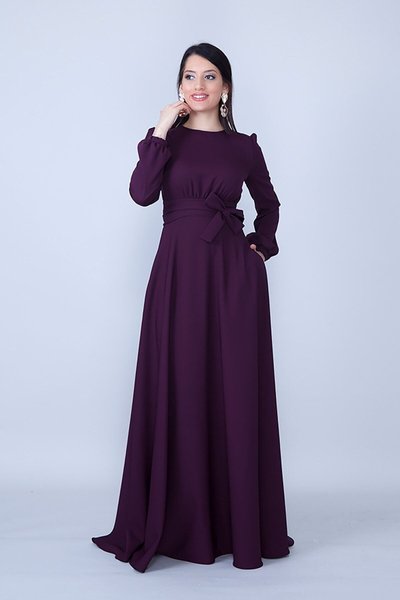 Plum Long Round Neck Sleeve Woven Fabric Gathered Waist Belted Pocket Maxi & Modest Evening Dress