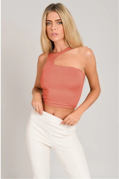 Pembe Asimetrik Boyundan Askılı Crop Top
