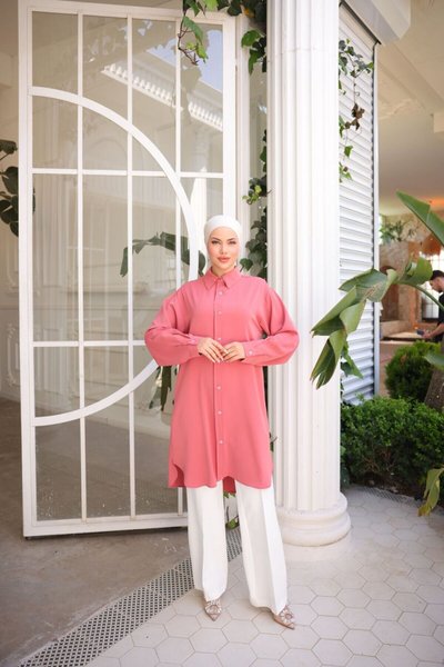 Pembe Dubai İpeği Gömlek Tunik