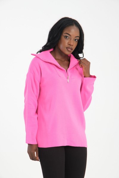Pembe Fermuarlı Premium Oversize Triko Kazak