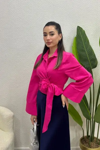 Pembe Koton Kumaş İspanyol Kol Bağlamalı Gömlek