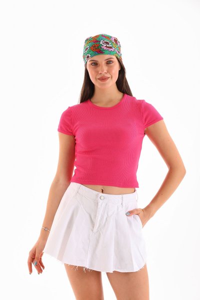 بلوزة كروب بأكمام قصيرة ومرنة وردية