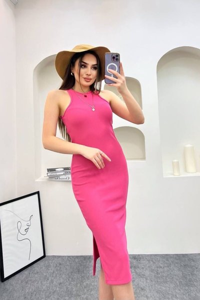 Pembe Midi Ottoman Yırtmaçlı Elbise
