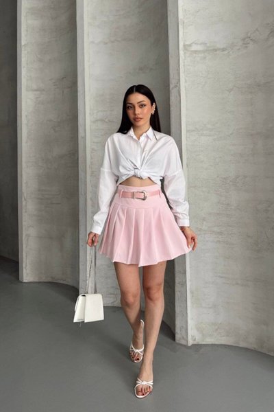 Pembe Mini Pileli Kemerli İçi Astarlı Etek