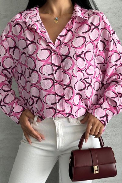 Pembe Oversize Saten Desenli Rahat Gömlek