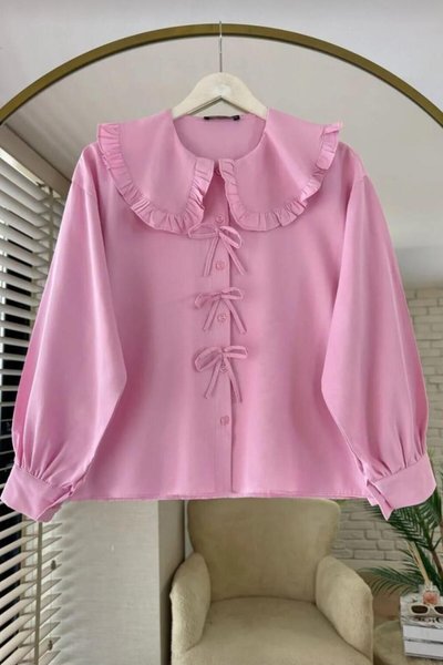 Pembe Poplin Kumaş Yaka Detaylı Fiyonklu Etek Üstü Gömlek