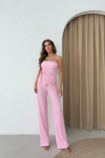 Pink Strapless Ruched Crop and Pants Gofre Two-Piece Set