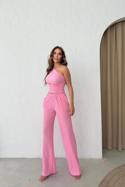 Pembe Tek Omuz Gofre Kumaş Bluz Pantolon İkili Takım
