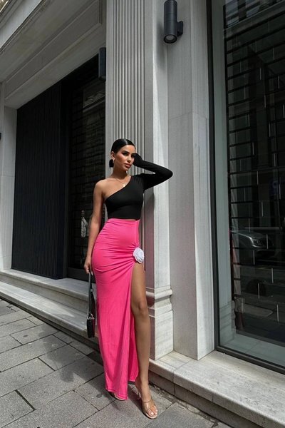 Pembe Uzun Tek Omuzlu Melanie Çift Renk Rose Abiye Elbise